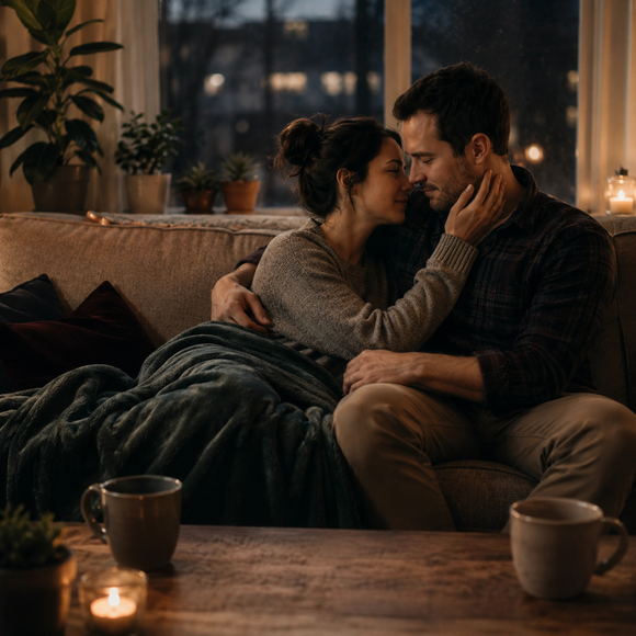 Pareja relajada compartiendo un momento íntimo en casa